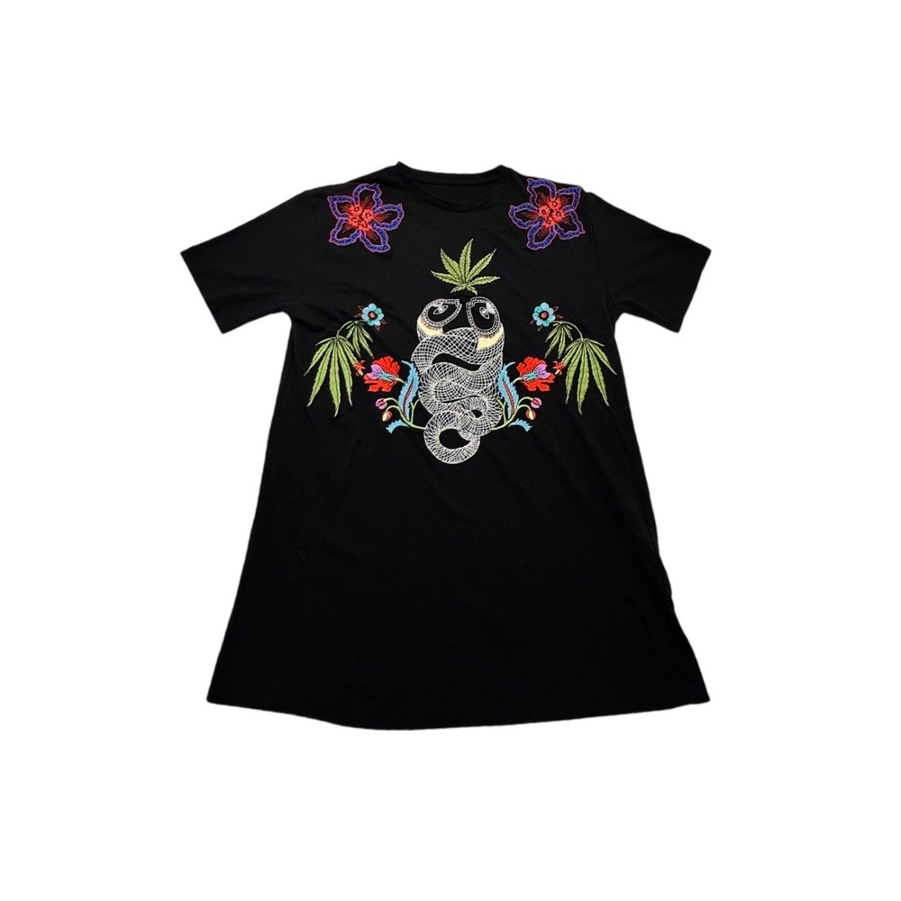 Sandro Paris Black Embroidered Snake Floral Jungle Cotton T-Shirt Size 2 Medium